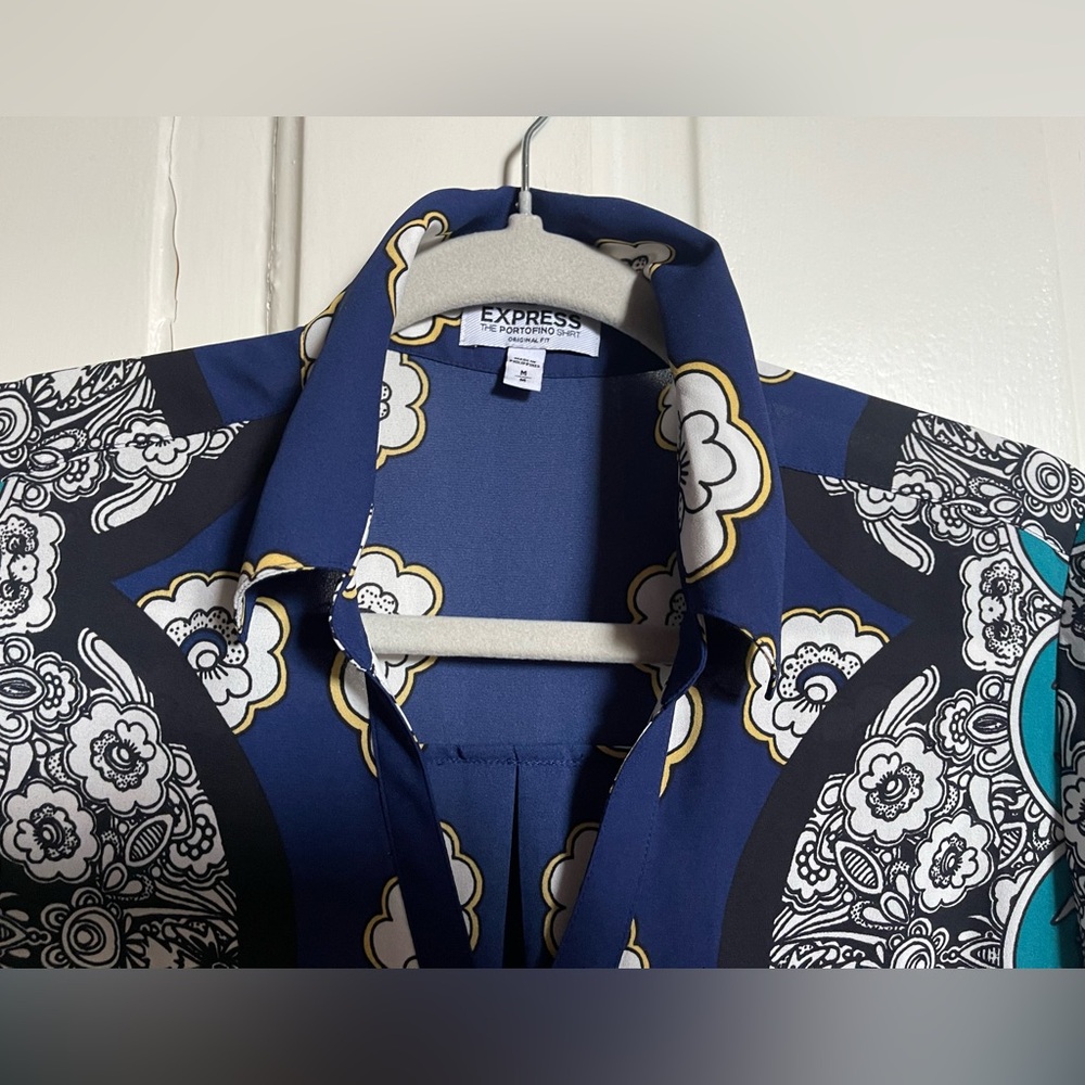 Express Blue And Teal Patterned Button Down Shirt - image 3